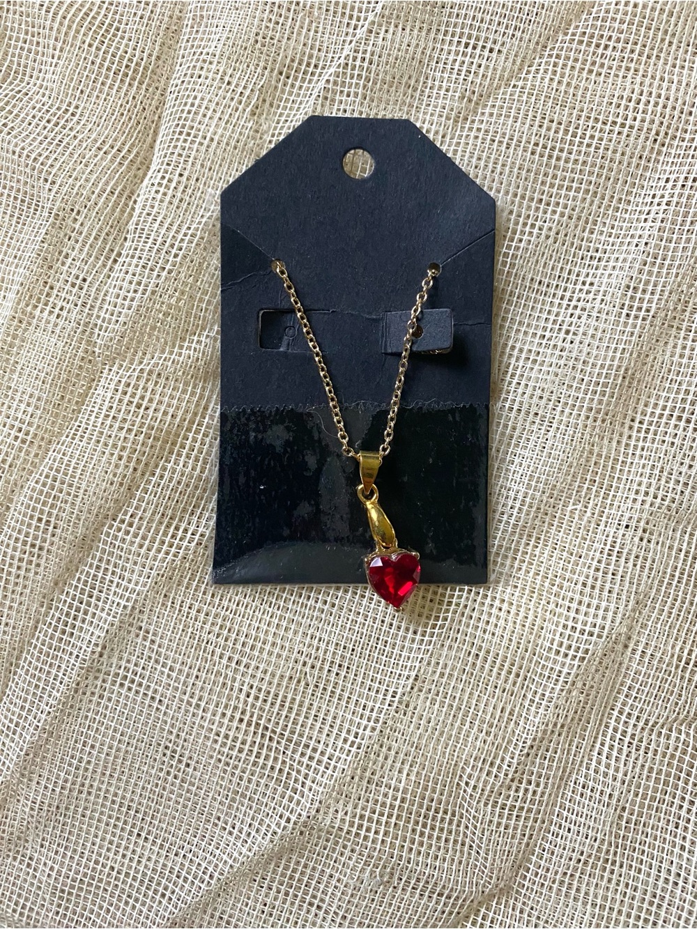 Hand Crafted Gold Tone Necklace with Red Heart Crystal Pendant